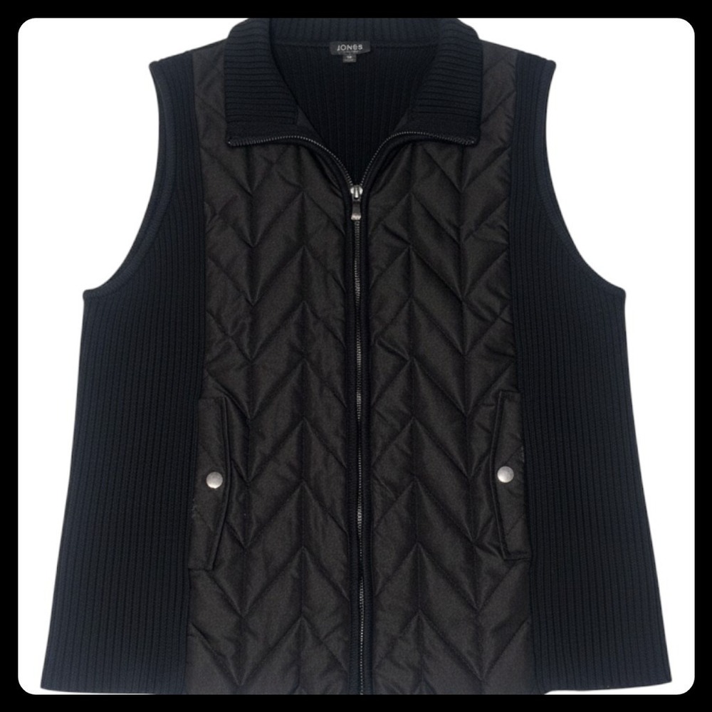 Jones New York Vest Women XL Black Quilted Ribbed Knit Full Zip Gilet